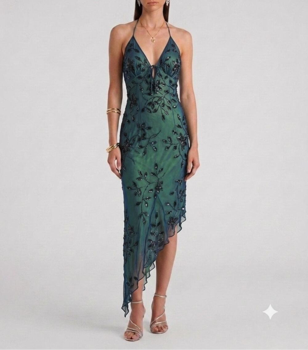 Vintage Y2K Caché 100% Silk Beaded Halter Asymmetrical Fairy Dress Size M